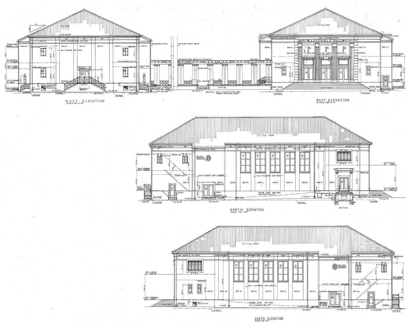 Exterior elevations, 1938 building — source drawing